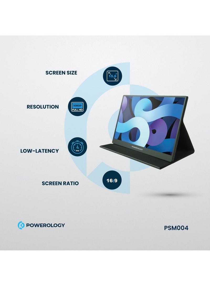 باورولوجي شاشة محمولة فائقة النحافة مقاس 15.6 بوصة مع معدل تحديث 144 هرتز ودقة 1080 بكسل عالية الوضوح / زمن انتقال منخفض / لوحة IPS / مكبر صوت محيطي / منافذ متعددة الوظائف / خفيفة الوزن - أسود - Image 2